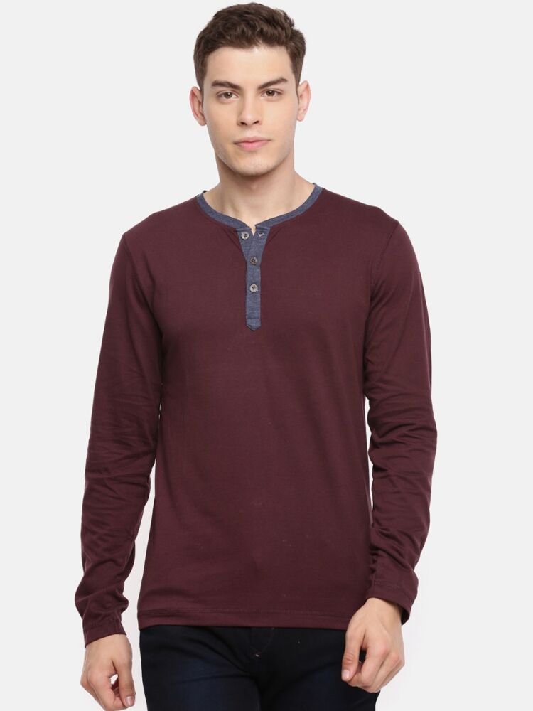 Macroman M-Series Men’s Smartz Basics Contrast Henley T-Shirt in Cotton Rich Single Jersey Fabric, Full Sleeve Style