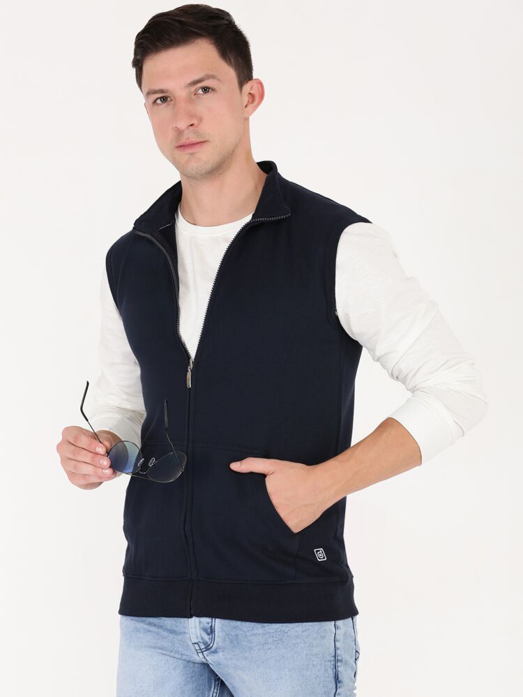 Macroman M-Series Men’s Smart Basics Jacket in  Cotton-Rich Fleece Fabric, Sleeveless Full Open Zip Style