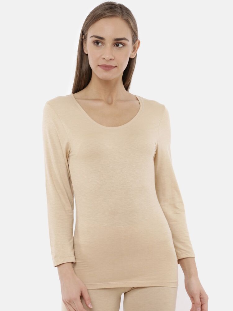 Women's Deep Neck 3/4th Sleeves Thermal Top in Miyabi Cotton Poly Viscose Blend with Warmth Retaining and Mositure Wicking Tech