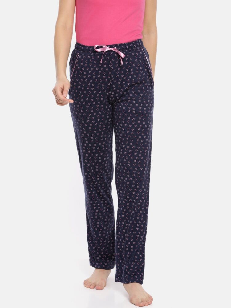 Women's Printed Long Pants in Cotton Modal Fabric with Elastic Waistband and  Satin Drawstring 