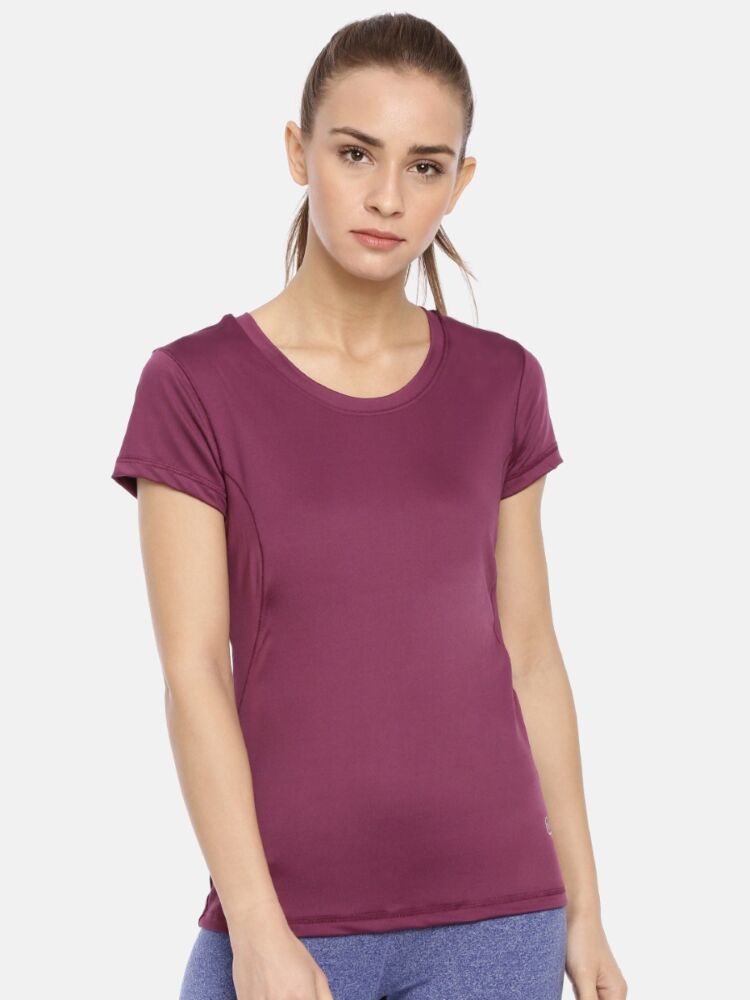 Women's Active T-shirt,Polyester Spandex Fabric with Deep Neck and Metallic Logo for Modern Trendy Look