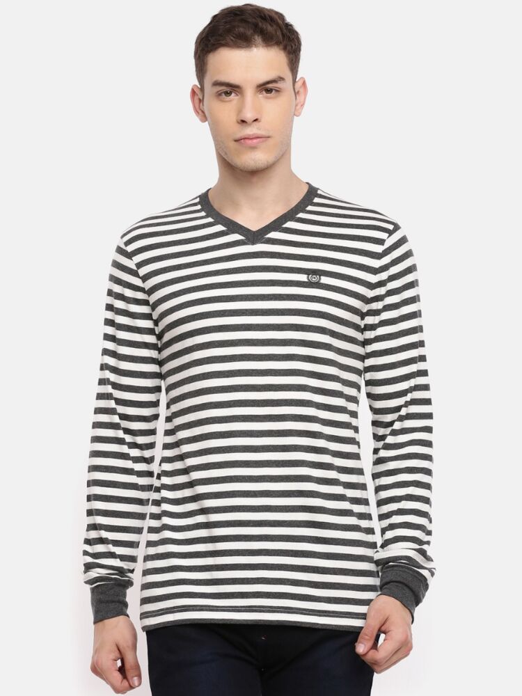 Macroman M-Series Men’s Smart Basics Comfort V-Neck Full Sleeve Striper T-Shirt in Cotton Rich Single Jersey Fabric