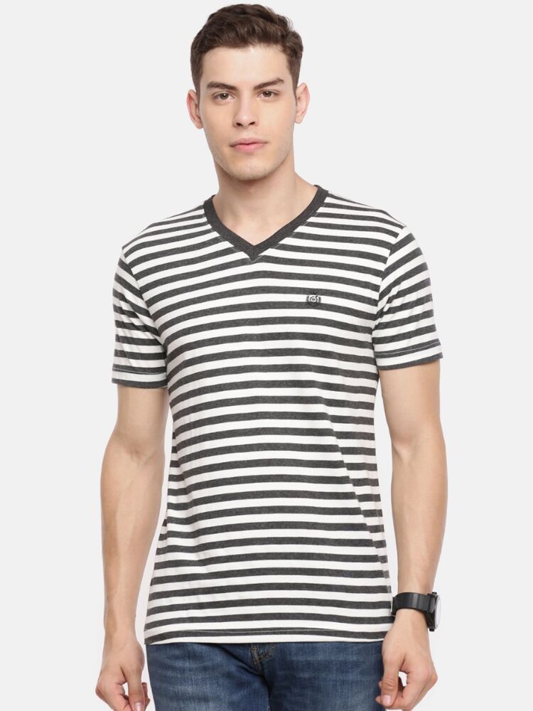 Macroman M-Series Men’s Smart Basics Comfort Striper T-Shirt in Cotton Rich Single Jersey Fabric, V-Neck Half Sleeve Style