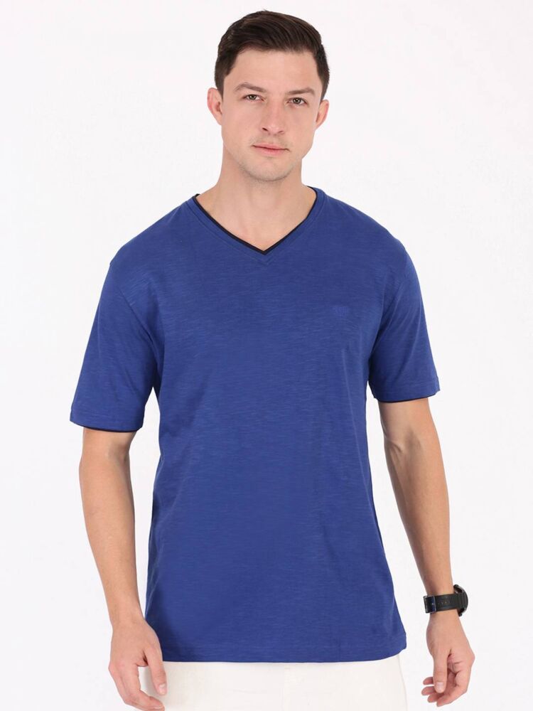 Macroman M-Series Men’s Smartz Basics Contrast Doubler T-Shirt in 100% Cotton Slub Single Jersey Fabric, V-Neck Half Sleeve Style