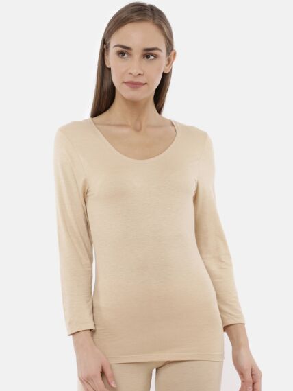 Women's Deep Neck 3/4th Sleeves Thermal Top in Miyabi Cotton Poly Viscose Blend with Warmth Retaining and Mositure Wicking Tech